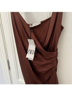 Zara Brown Strappy Satin Dress Size L 4437/253